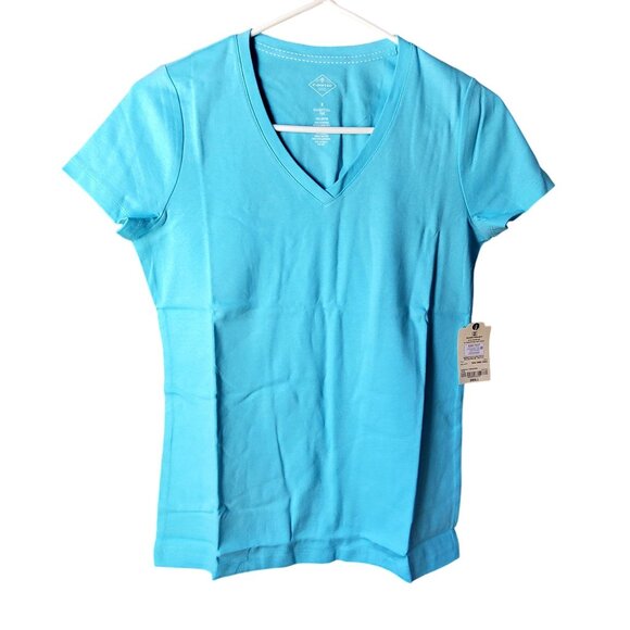 St. Johns Bay Womens Essential Tee V-Neck Short Sleeve 100% Cotton Aqua Blue S - Picture 1 of 6